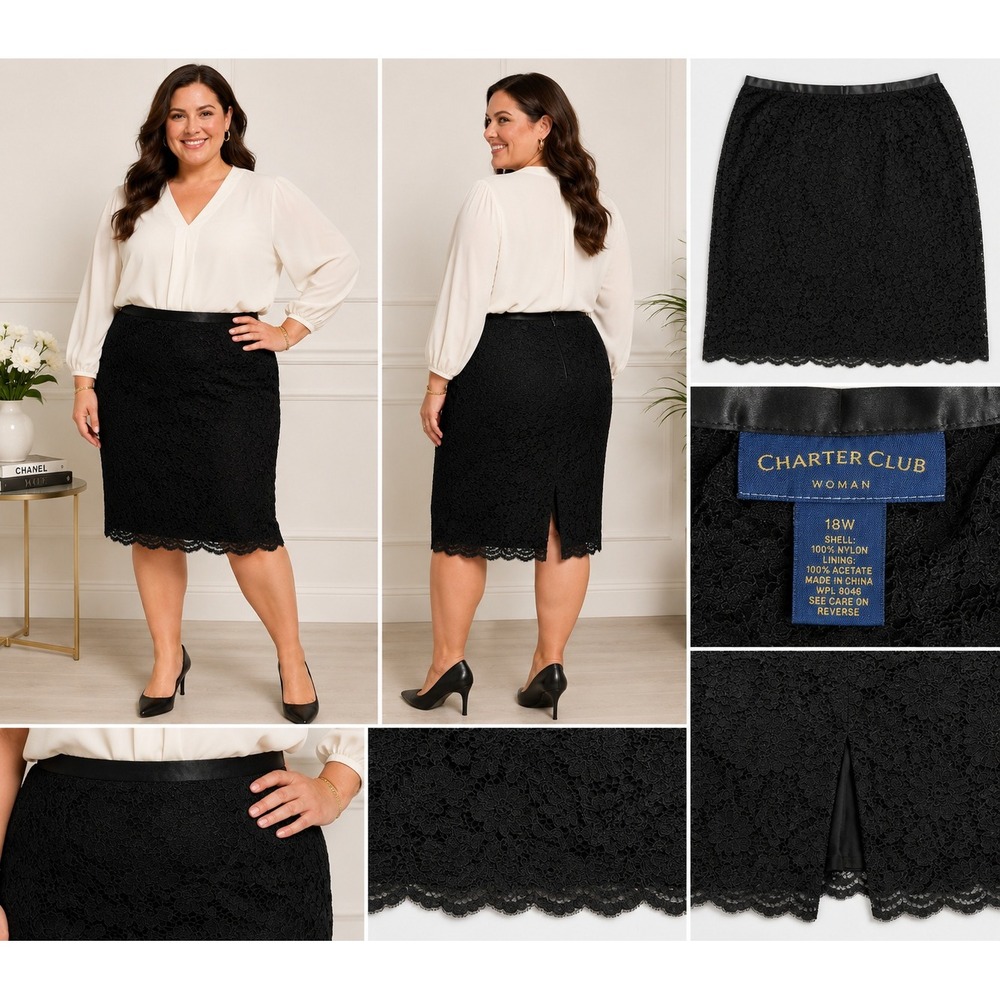 Charter Club Woman Black Floral Lace Pencil Skirt Scalloped Hem Size 18W